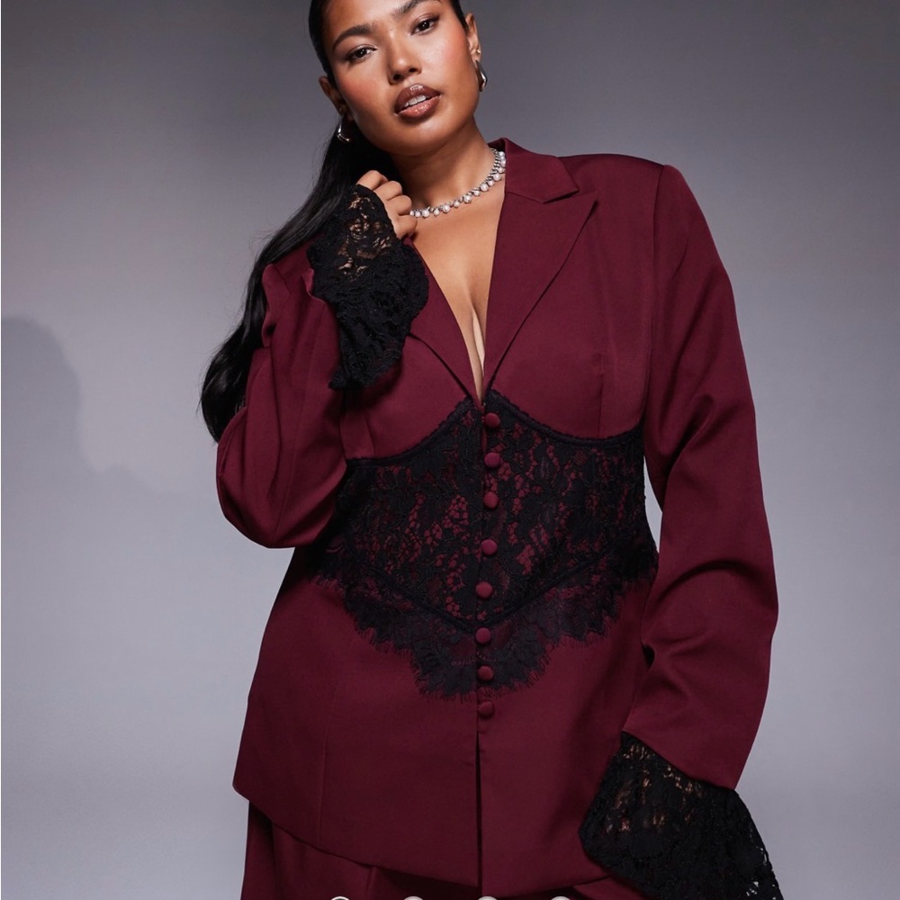 ASOS LUXE Curve tailored blazer with lace corset detail in dark cherry - Picture 2 of 4